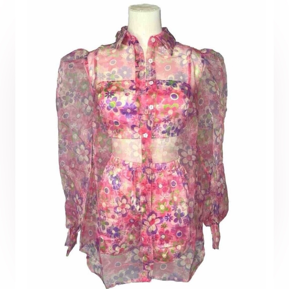 SugarThrillz Floral Sheer Pink Blouse, bandeau Bra and shorts